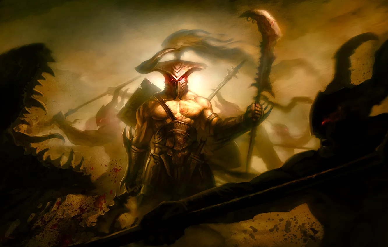 Photo wallpaper weapons, blood, sword, warrior, art, mouth, monsters, horns