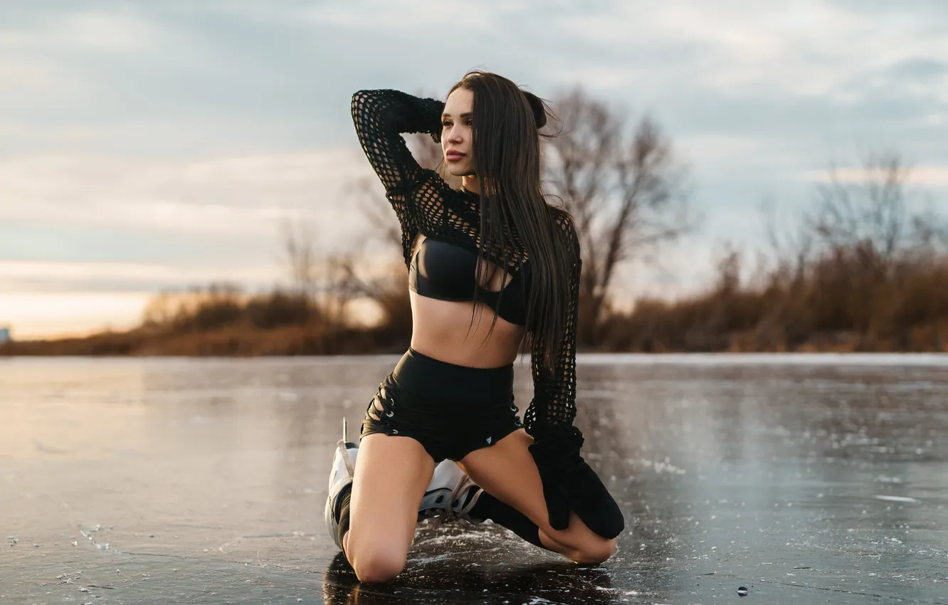 Photo wallpaper ice, girl, pose, shorts, figure, brunette, bra, long hair