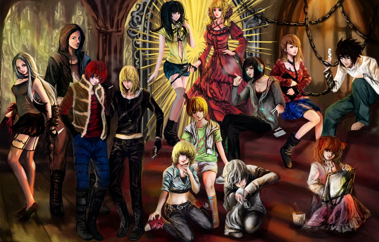 Photo wallpaper chain, columns, steps, Death Note, draws, characters, fanart, RikaMello