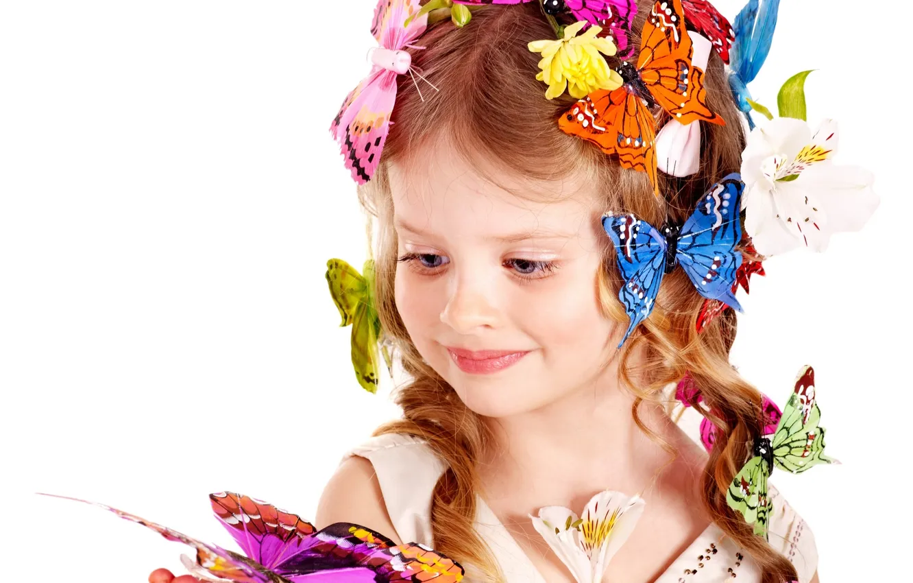 Photo wallpaper flowers, children, butterfly, hairstyle, blonde, girl, girl, beautiful