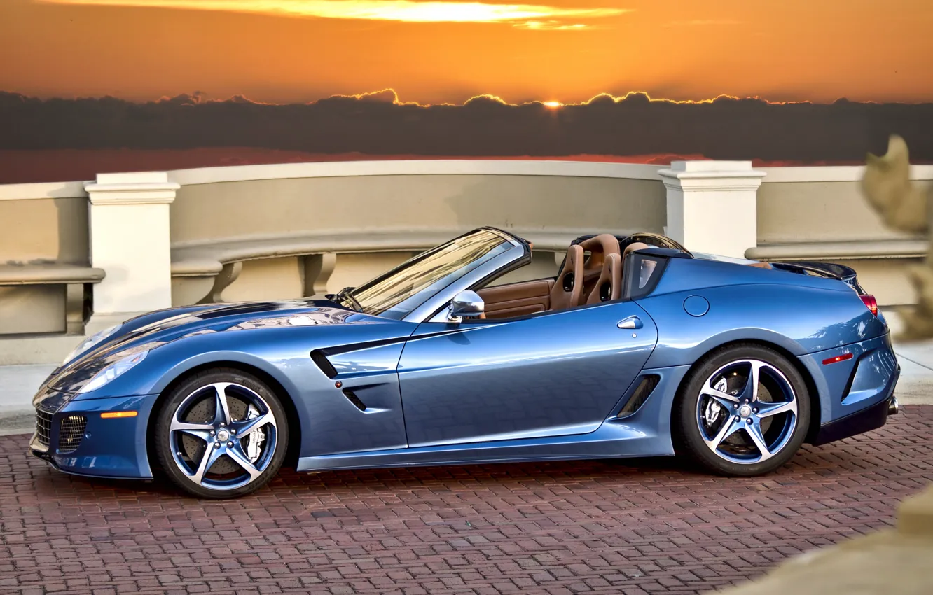 Photo wallpaper sunset, blue, Ferrari, convertible, Ferrari, blue, sundown, cabrio