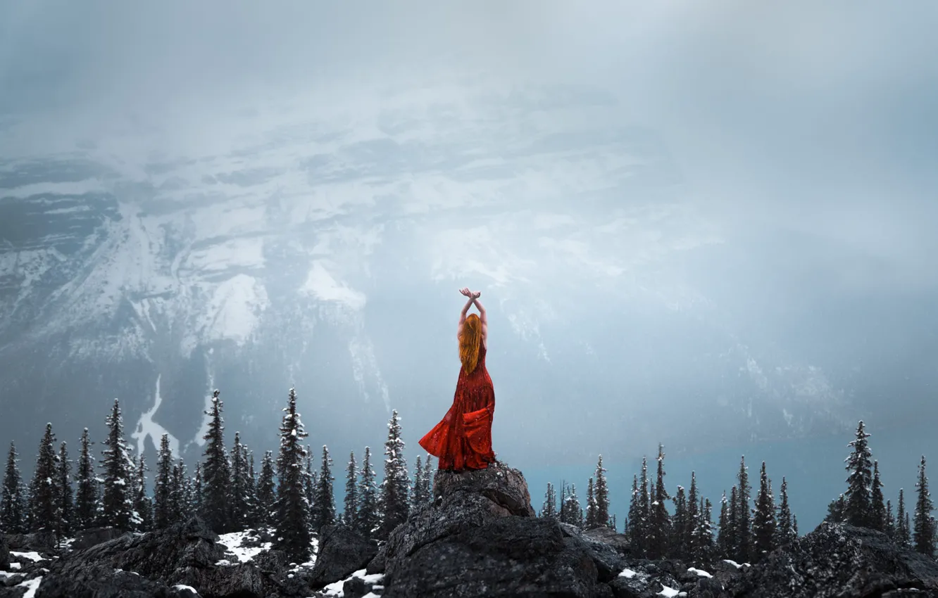 Photo wallpaper FOREST, MOUNTAINS, SNOW, DRESS, WINTER, RED, TREES, POSE