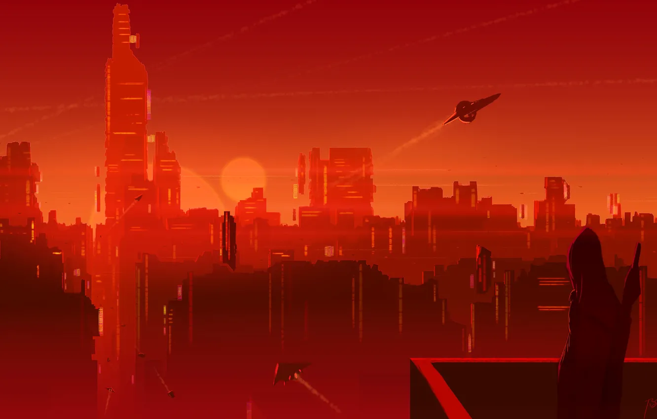 Photo wallpaper the sun, landscape, city, the city, fiction, people, skyscrapers, silhouette