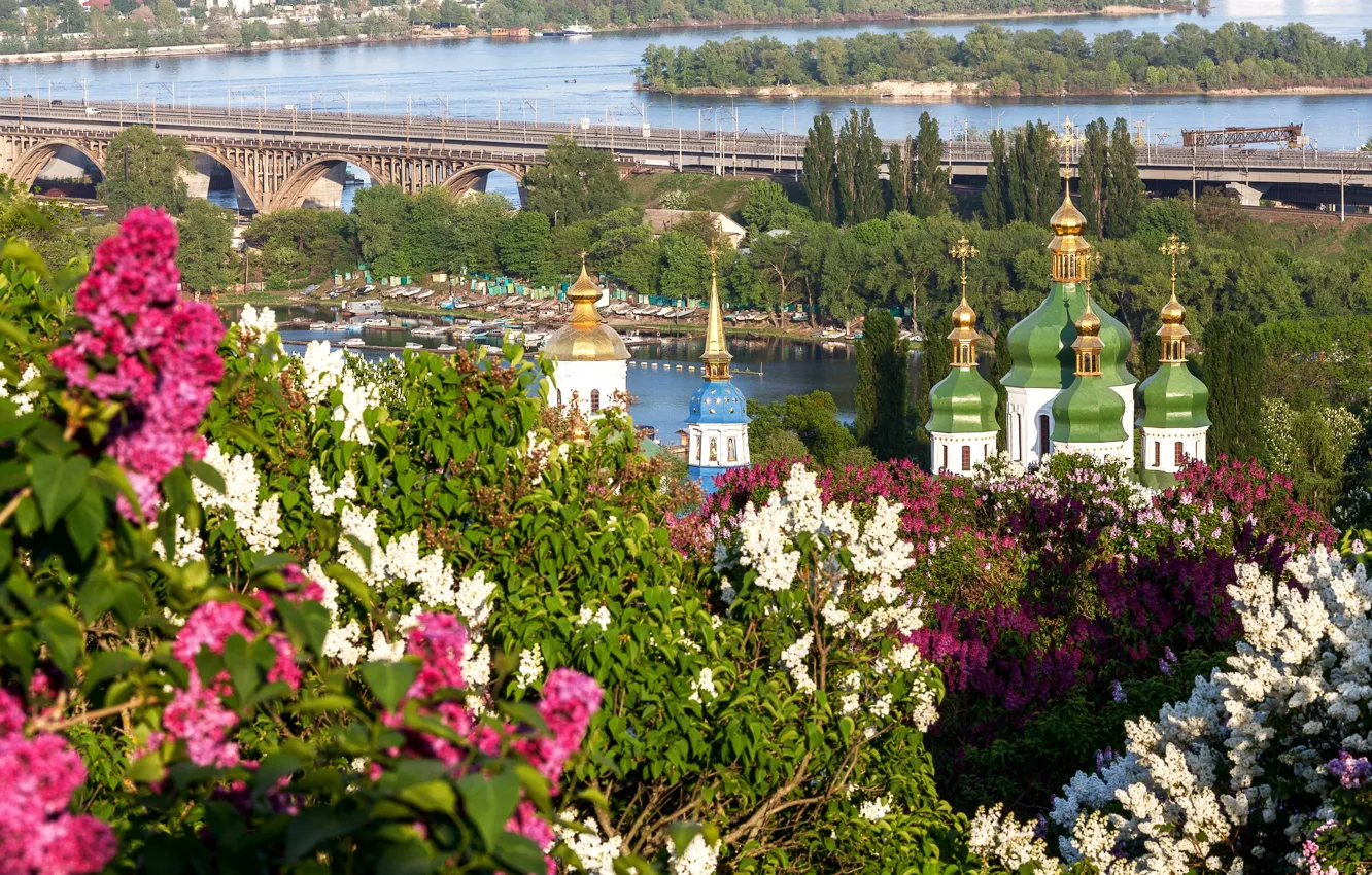 Photo wallpaper bridge, spring, panorama, temple, lilac, Kiev, Dnepr