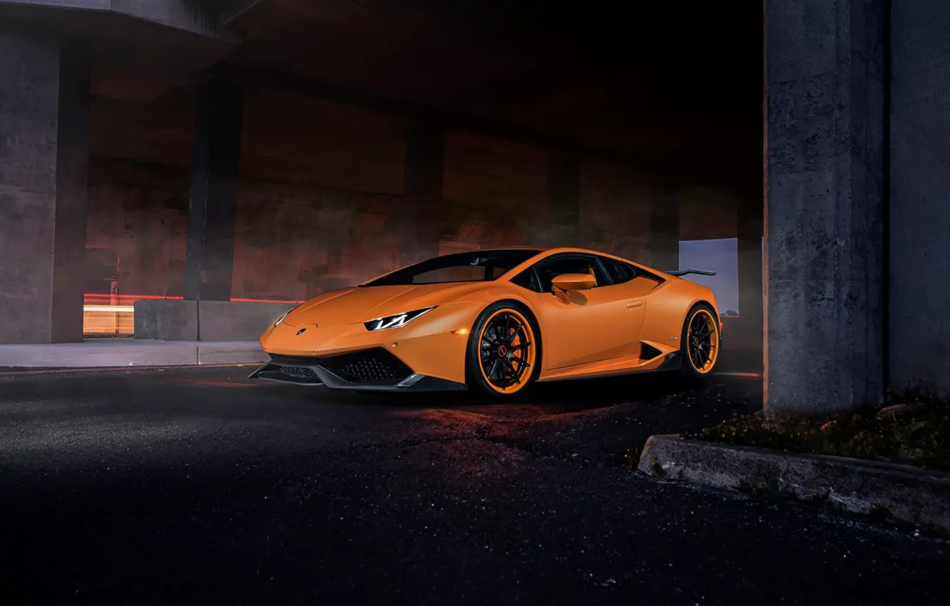 Photo wallpaper Lamborghini, Dark, Orange, Front, Color, Tuning, Supercar, Huracan