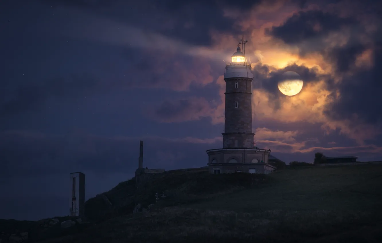 Photo wallpaper clouds, lighthouse, The moon, moon, clouds, lighthouse