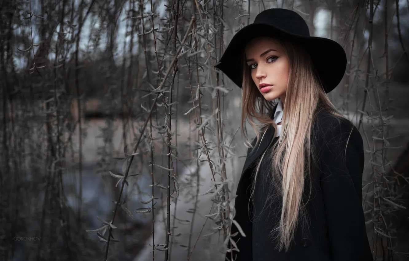 Photo wallpaper branches, model, hat, makeup, hairstyle, beauty, coat, in black