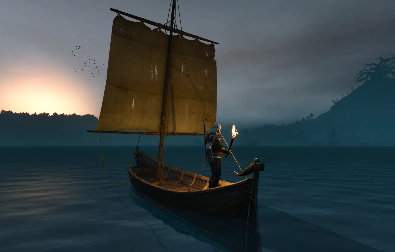 Photo wallpaper water, lights, river, sunrise, boat, sword, morning, warrior