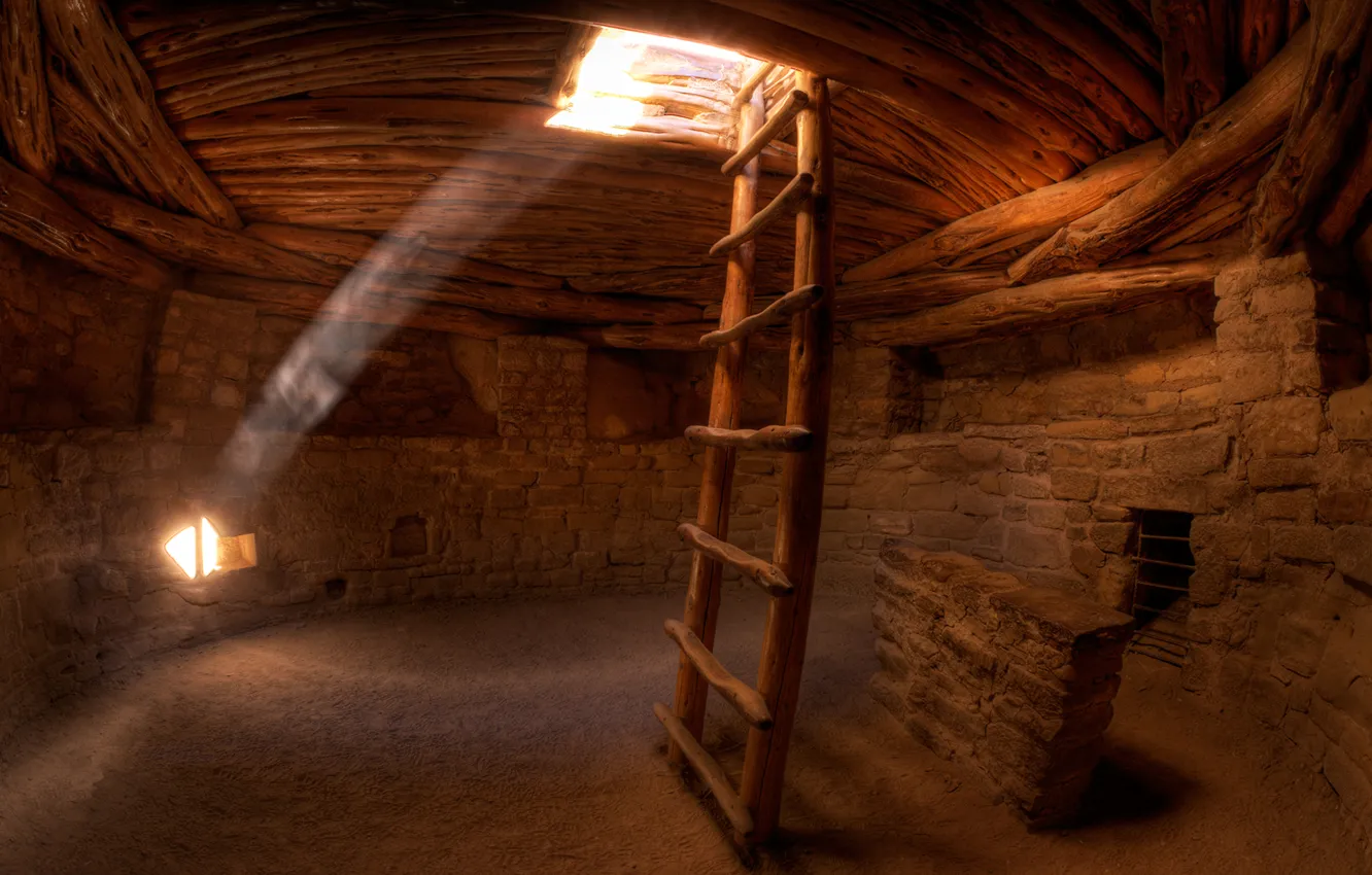 Photo wallpaper sand, the sun, traces, creative, wall, ladder, cave, rays of light