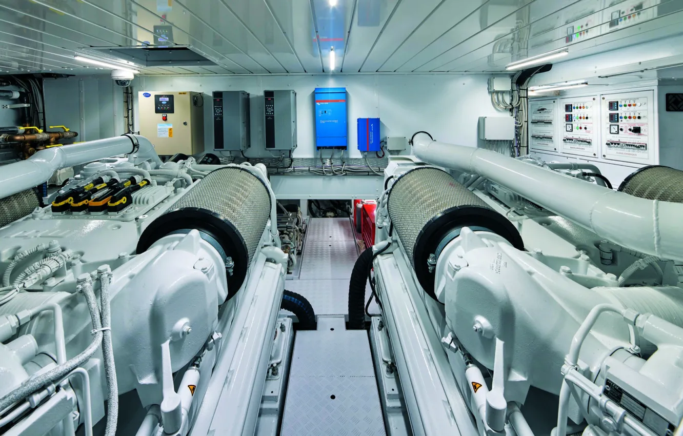 Photo wallpaper interior, engine room, Luxury yacht, Sanlorenzo-SL86, at the cockpit scale, engineroom, beautiful SL-86 yacht, beautiful …