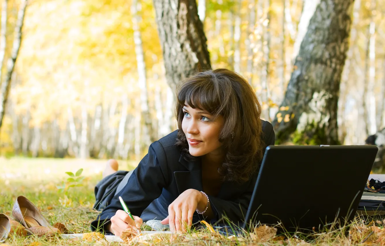 Photo wallpaper autumn, leaves, girl, trees, nature, smile, Park, makeup