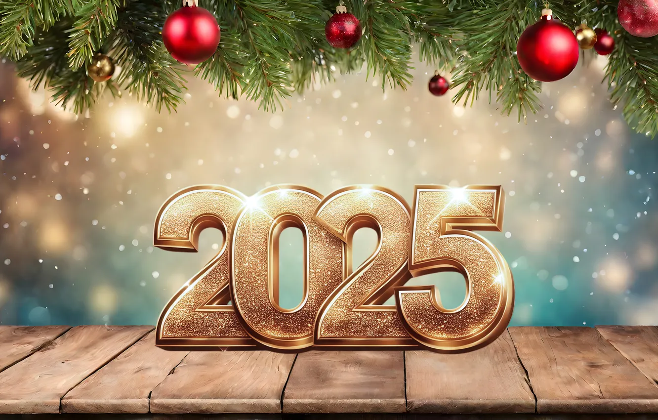 Photo wallpaper snow, decoration, tree, new year, figures, golden, winter, snow