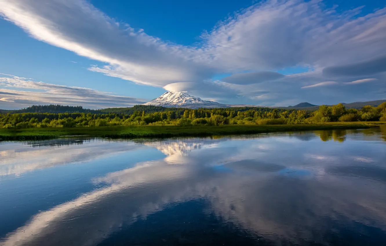 Photo wallpaper forest, the sky, clouds, mountains, lake, reflection, Washington, Washington State