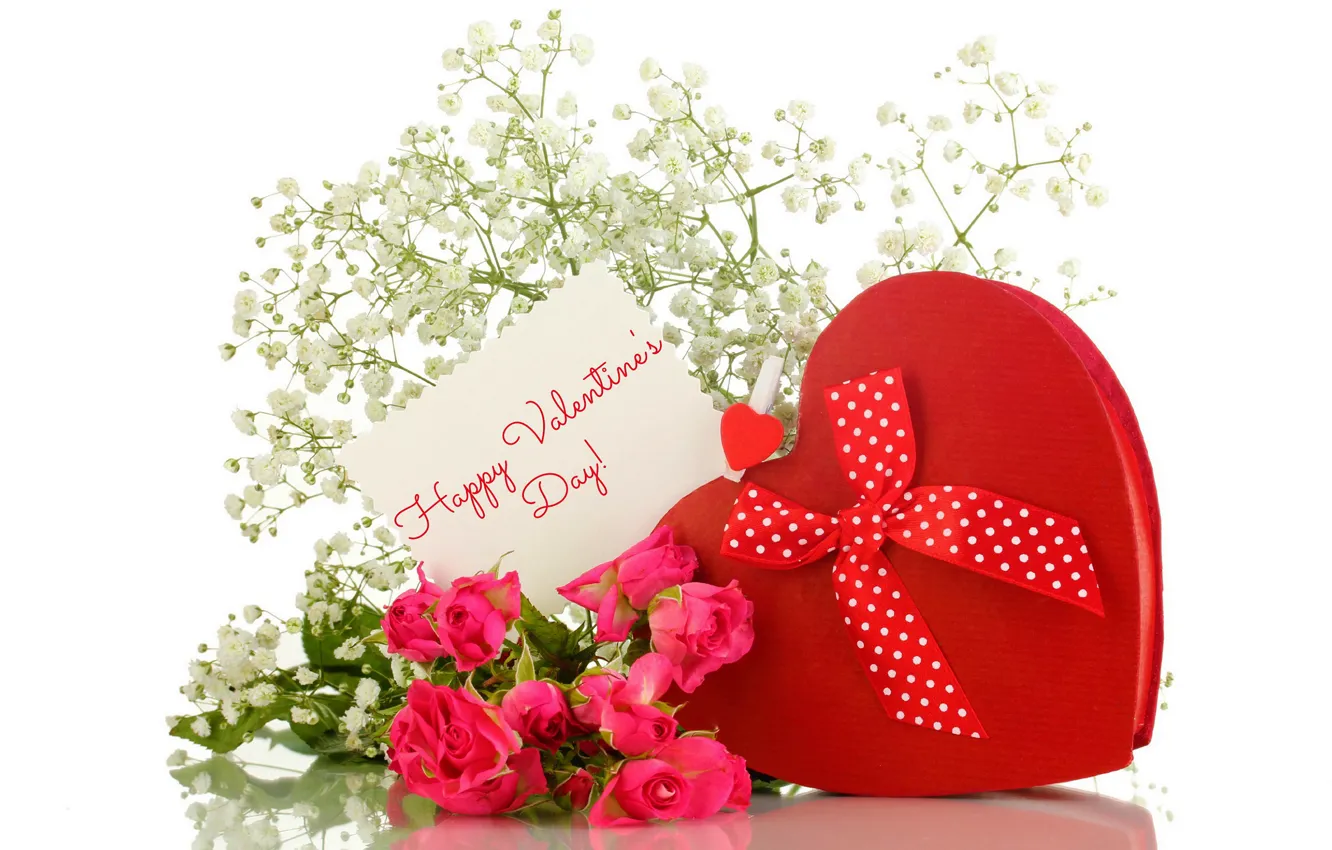 Photo wallpaper love, red, gift, romance, heart, roses, bow, Valentine`s day