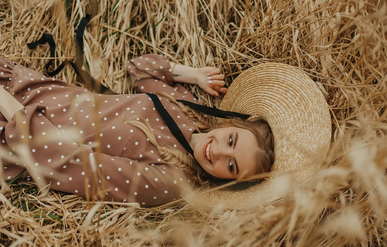 Photo wallpaper girl, smile, hat, dress, blonde, hay, braid, Abbasova Anna