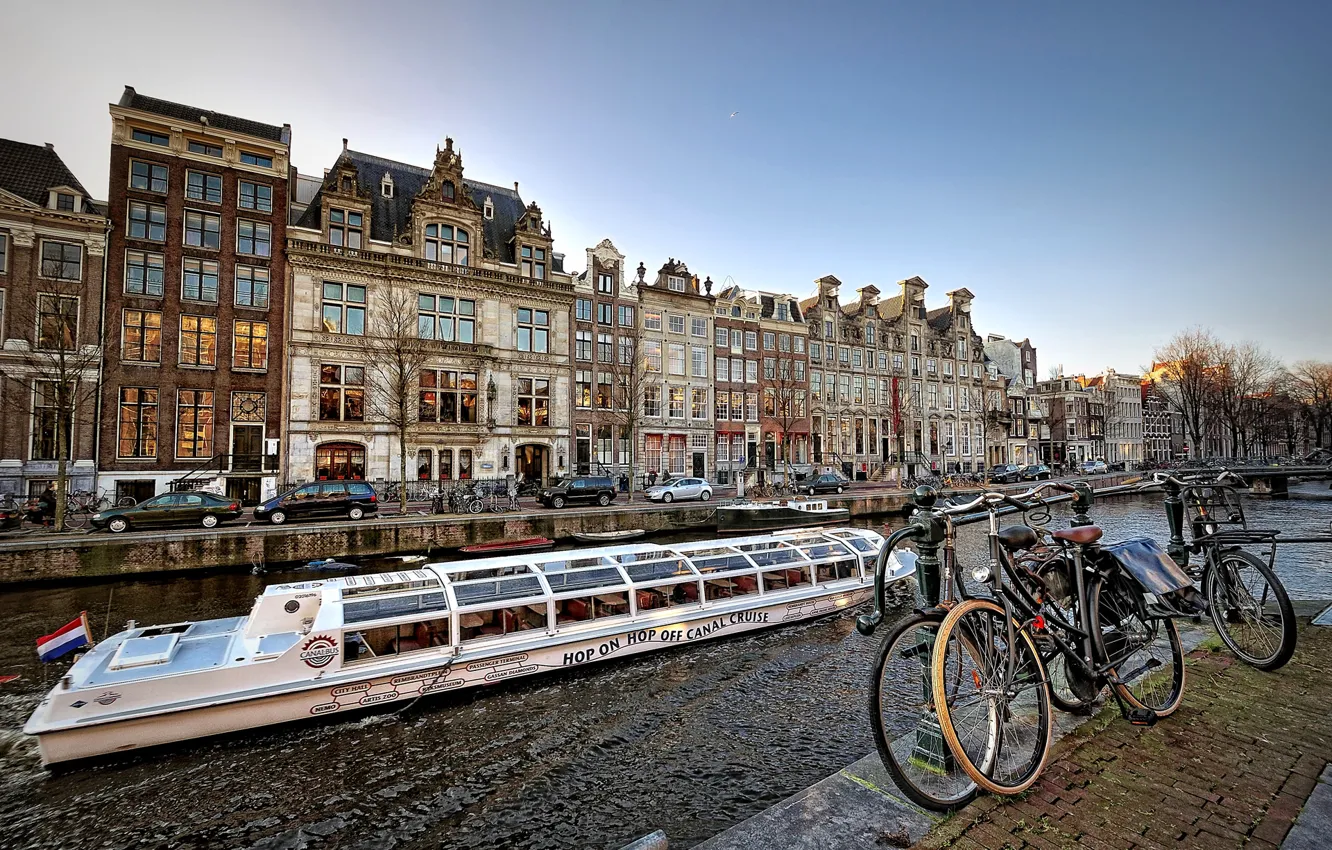 Photo wallpaper bike, boat, ship, home, Amsterdam, channel, Netherlands, Amsterdam