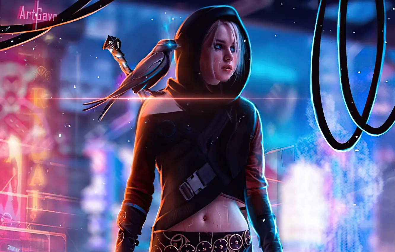 Photo wallpaper girl, future, bird, wire, the game, robot, glow, technology