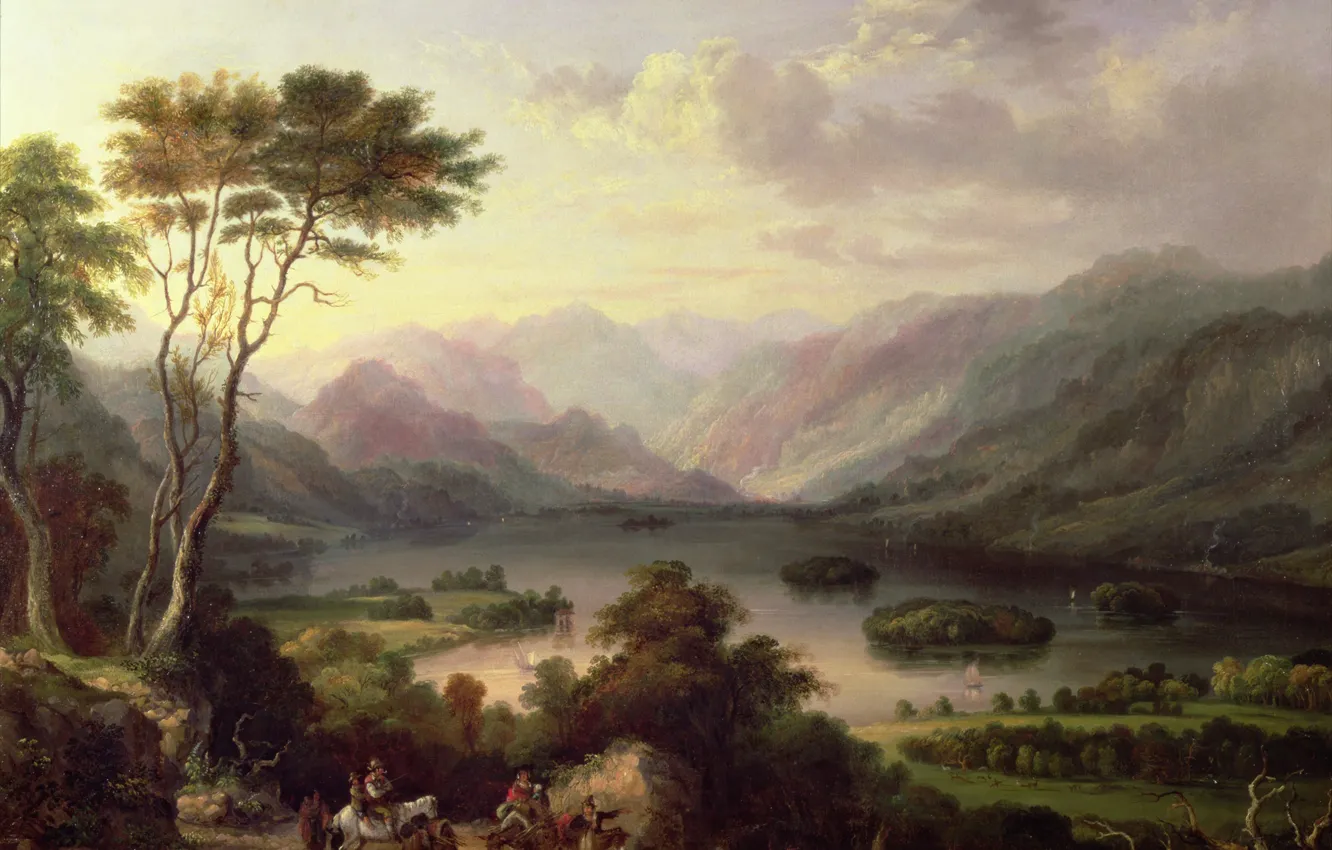 Photo wallpaper lake, people, tree, hills, horse, donkeys, Arthur Hughes, karavanchik
