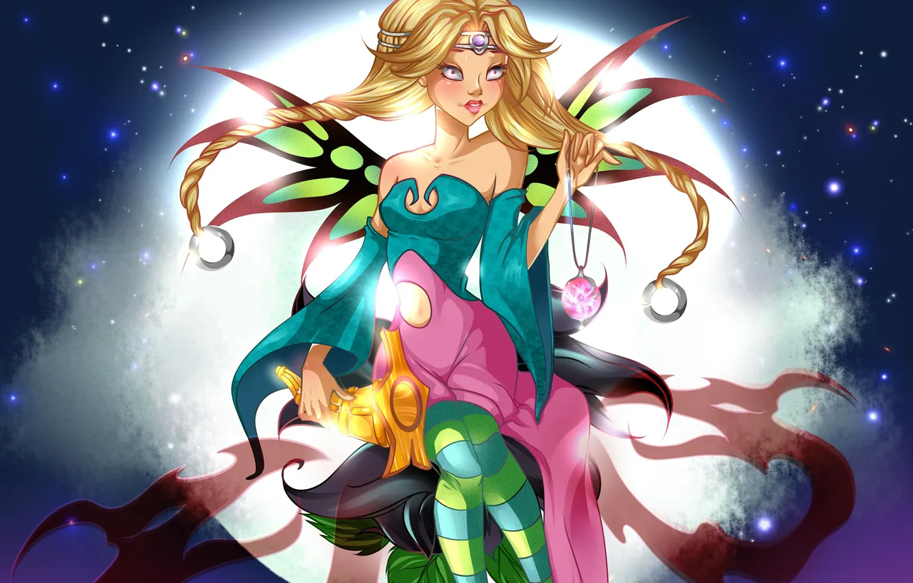 Photo wallpaper night, the moon, wings, girl