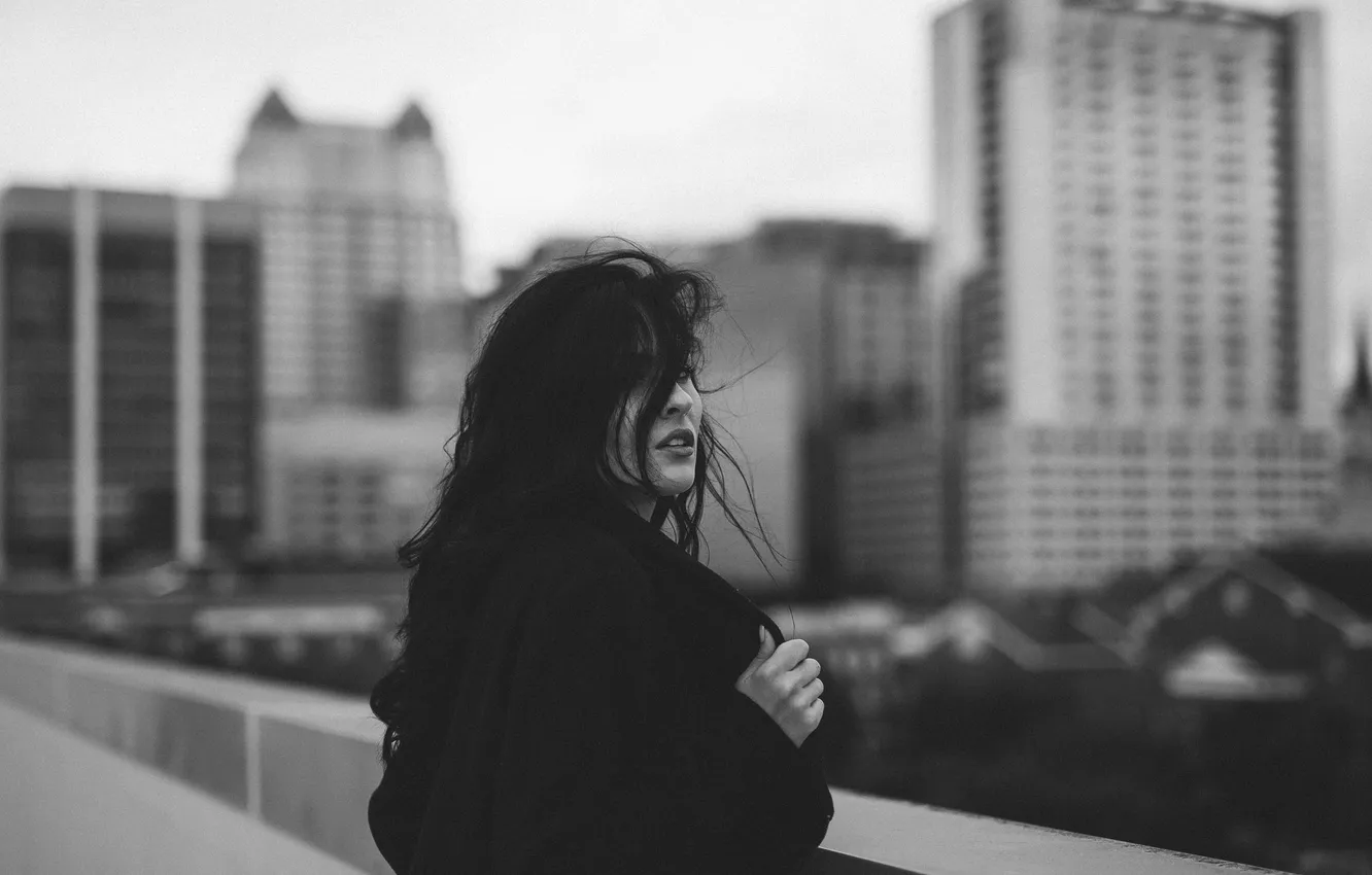 Photo wallpaper girl, brunette, black and white, curls