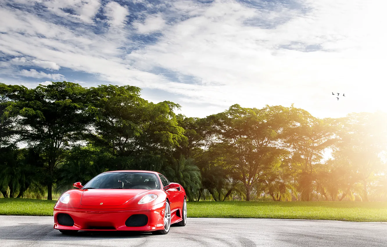 Photo wallpaper the sky, the sun, clouds, trees, red, glare, F430, Ferrari