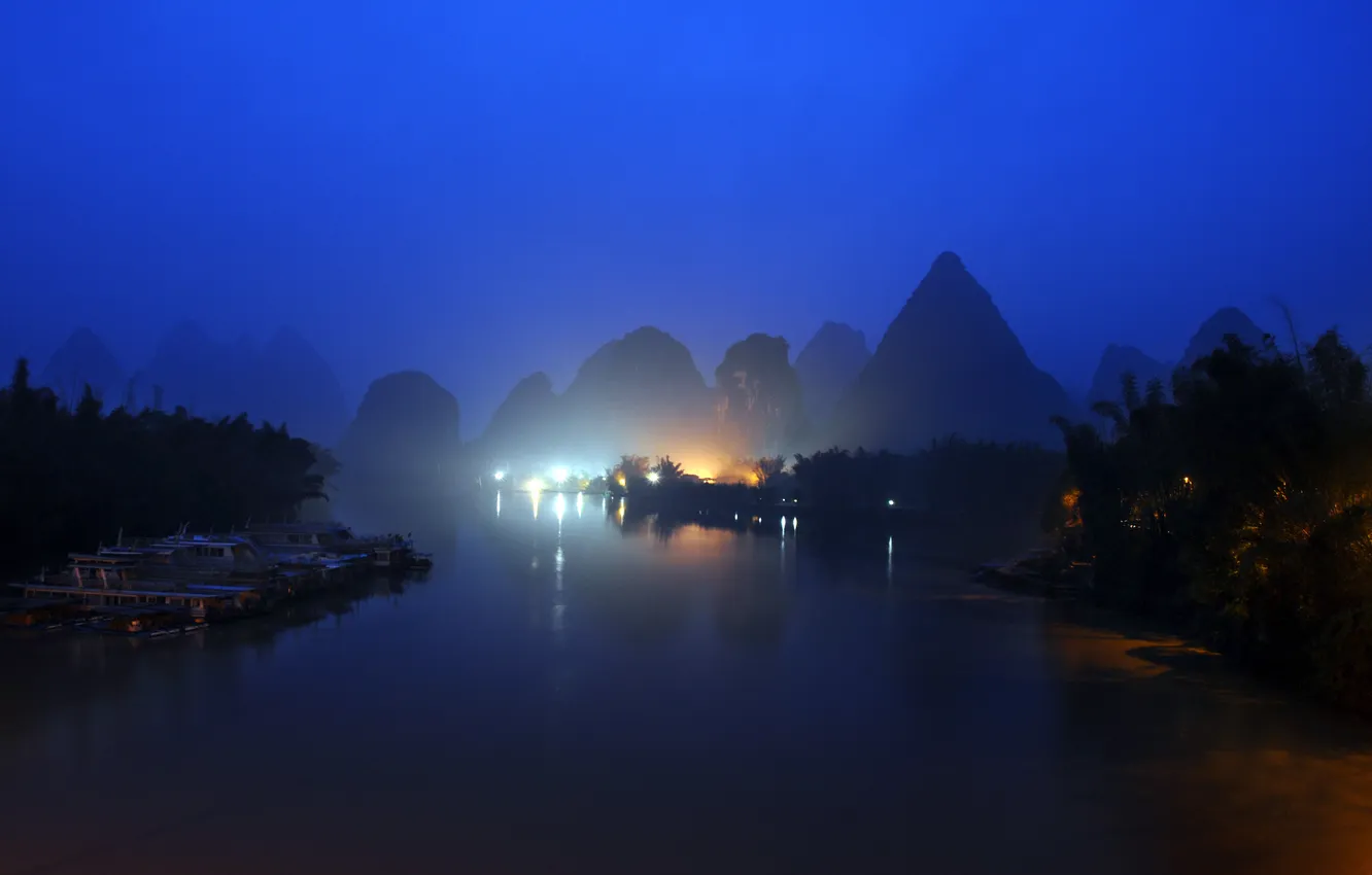 Photo wallpaper mountains, night, lights, river