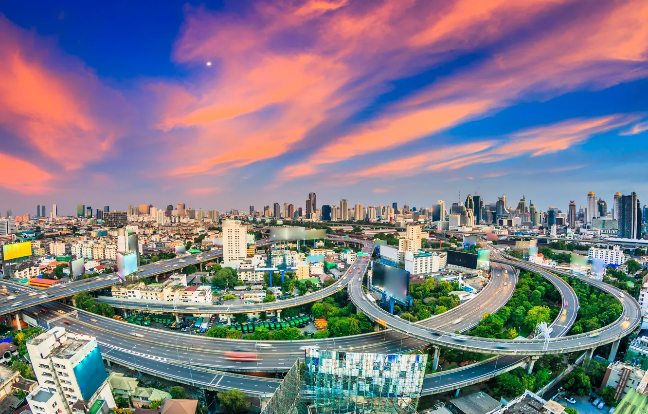 Photo wallpaper road, the sky, clouds, home, panorama, Thailand, glow, megapolis
