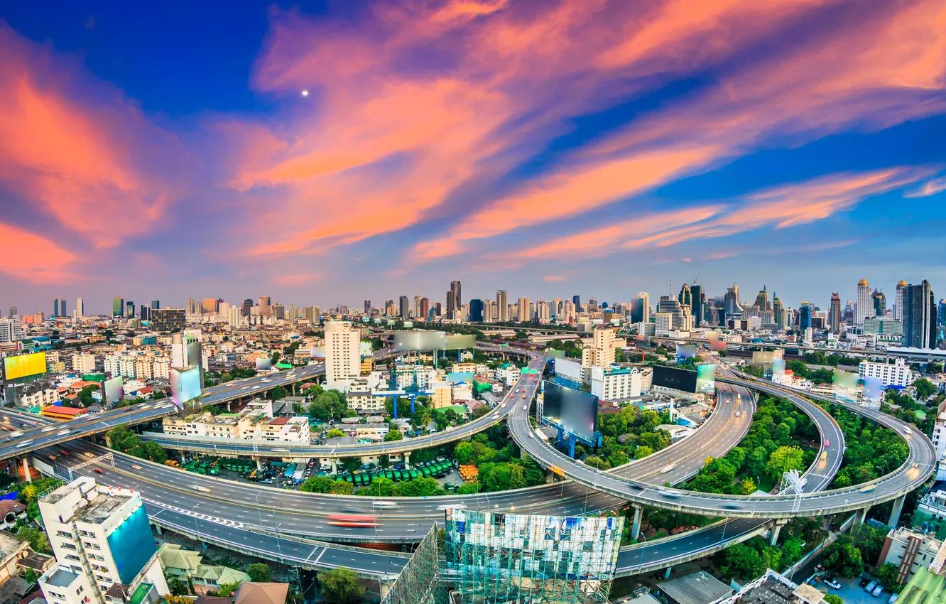 Photo wallpaper the sky, clouds, road, home, panorama, Thailand, glow, megapolis