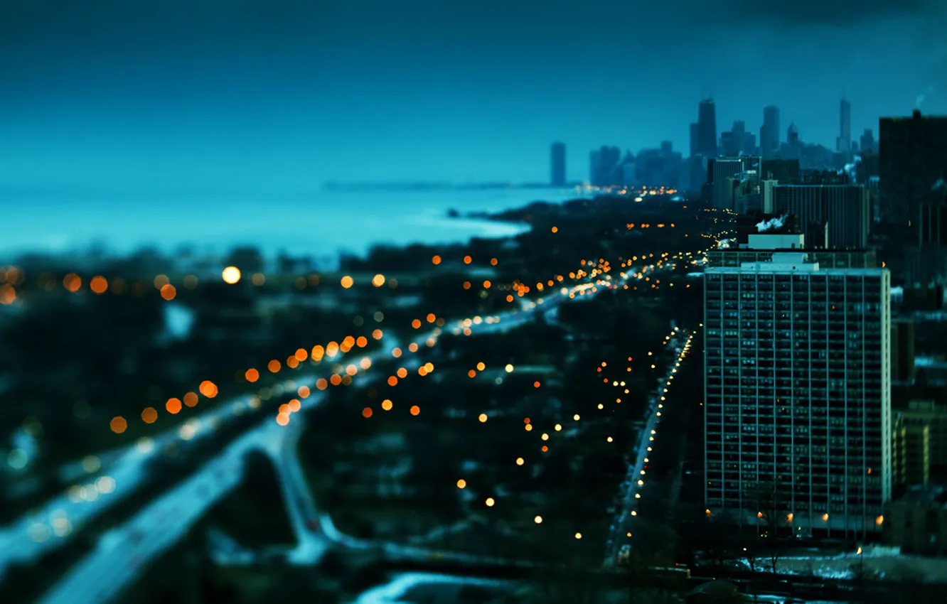 Photo wallpaper winter, sunset, lights, building, skyscrapers, Chicago, beautiful, America
