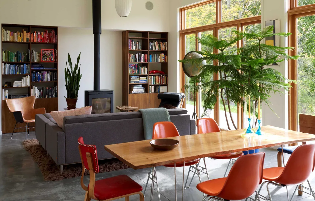 Photo wallpaper design, interior, fireplace, library, New York, retro style, living room, dining room