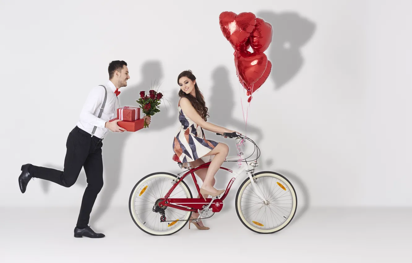 Photo wallpaper Girl, Heart, Roses, Two, Bike, Brown hair, Male, Valentine's Day