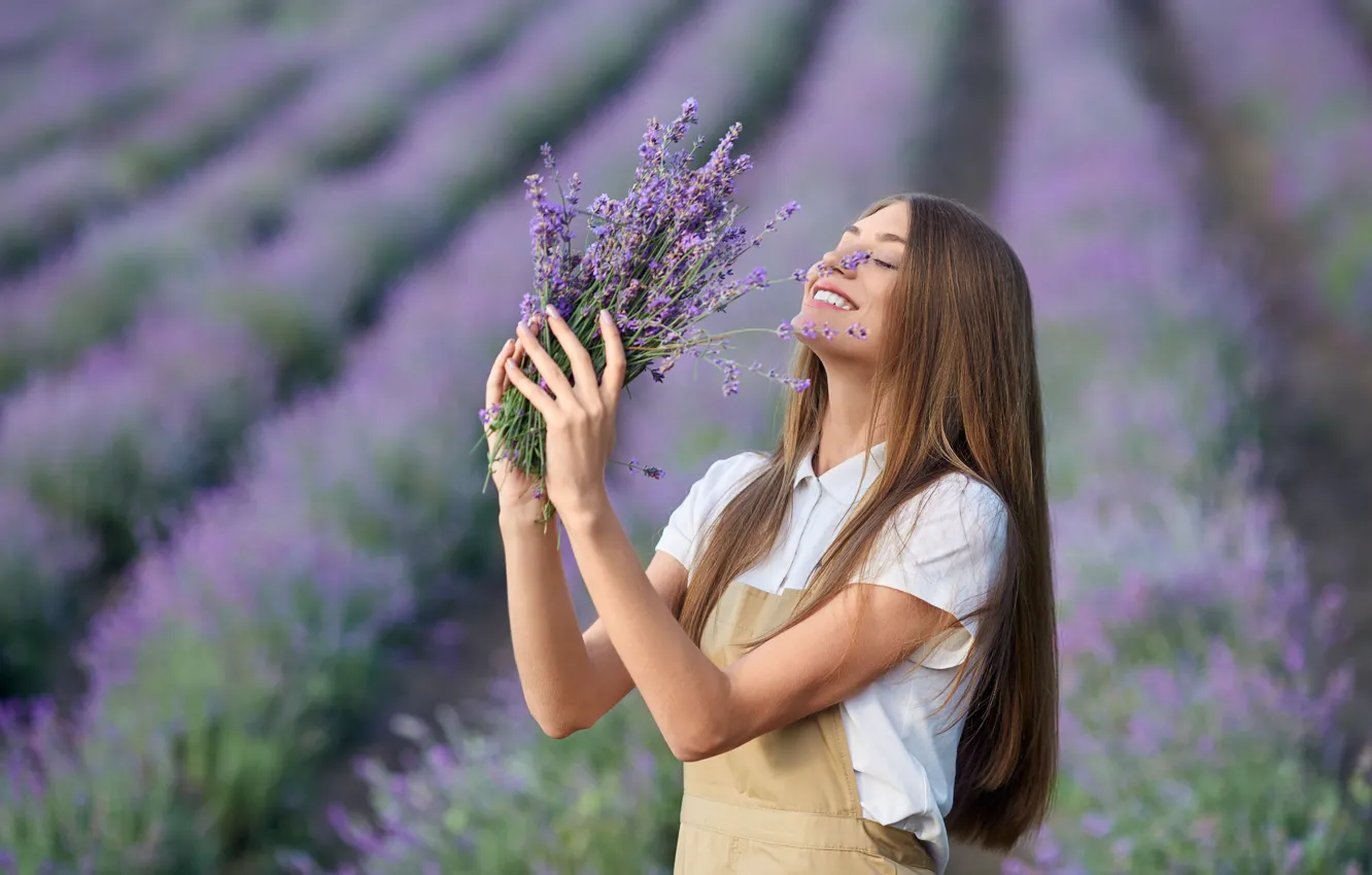 Photo wallpaper field, summer, girl, joy, flowers, pose, smile, bouquet