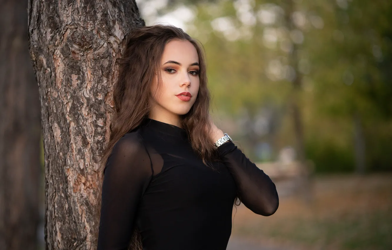 Photo wallpaper look, girl, trees, nature, beauty, bokeh