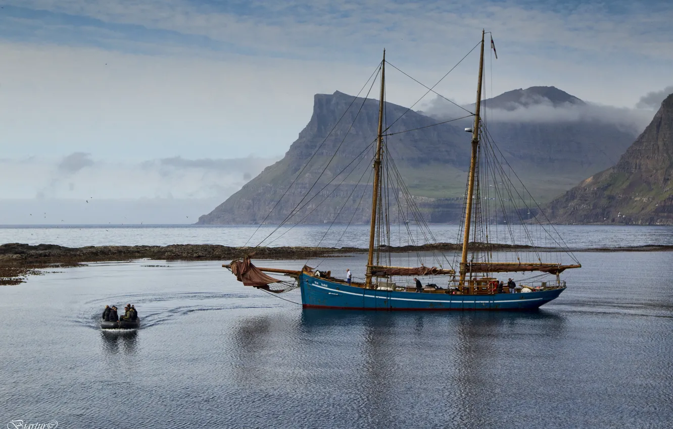 Photo wallpaper mountains, boat, Bay, yacht, Denmark, Faroe Islands, Faroe Islands, Denmark