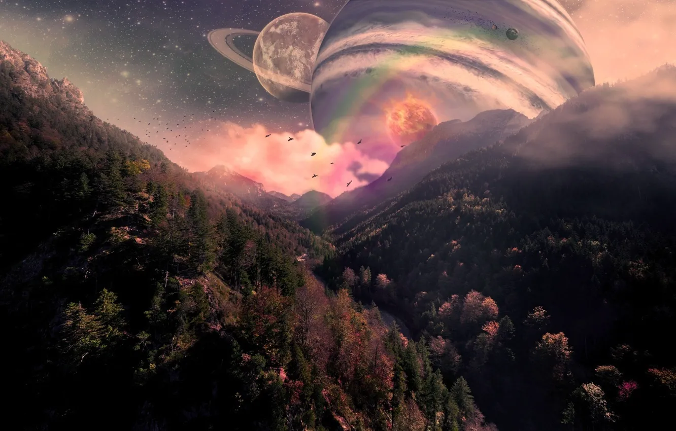 Photo wallpaper trees, mountains, planet, fantasy