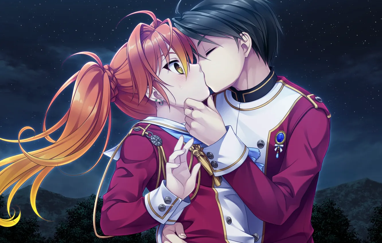 Photo wallpaper girl, night, kiss, pair, red, guy, two, Hello Lady!