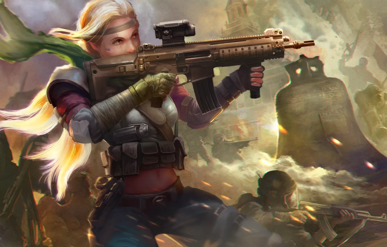 Photo wallpaper girl, the city, war, blonde, machine, ruins, bell, Homefront: The Revolution