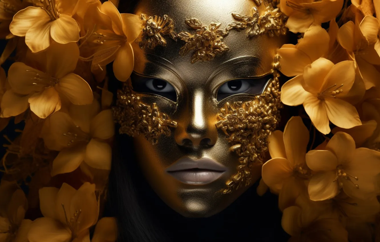 Photo wallpaper look, girl, flowers, yellow, face, pattern, portrait, mask