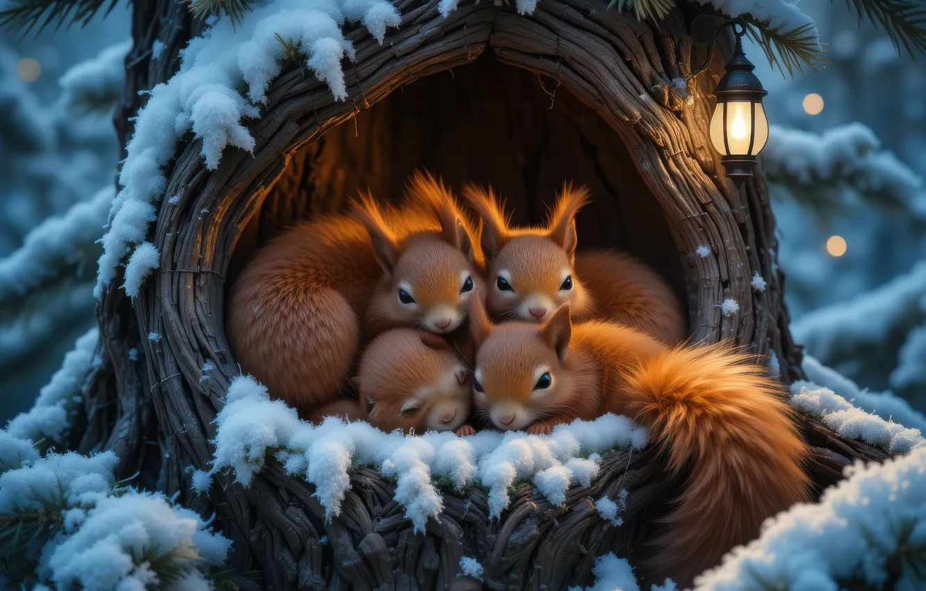 Photo wallpaper winter, snow, protein, house, family, the hollow, proteins, brood