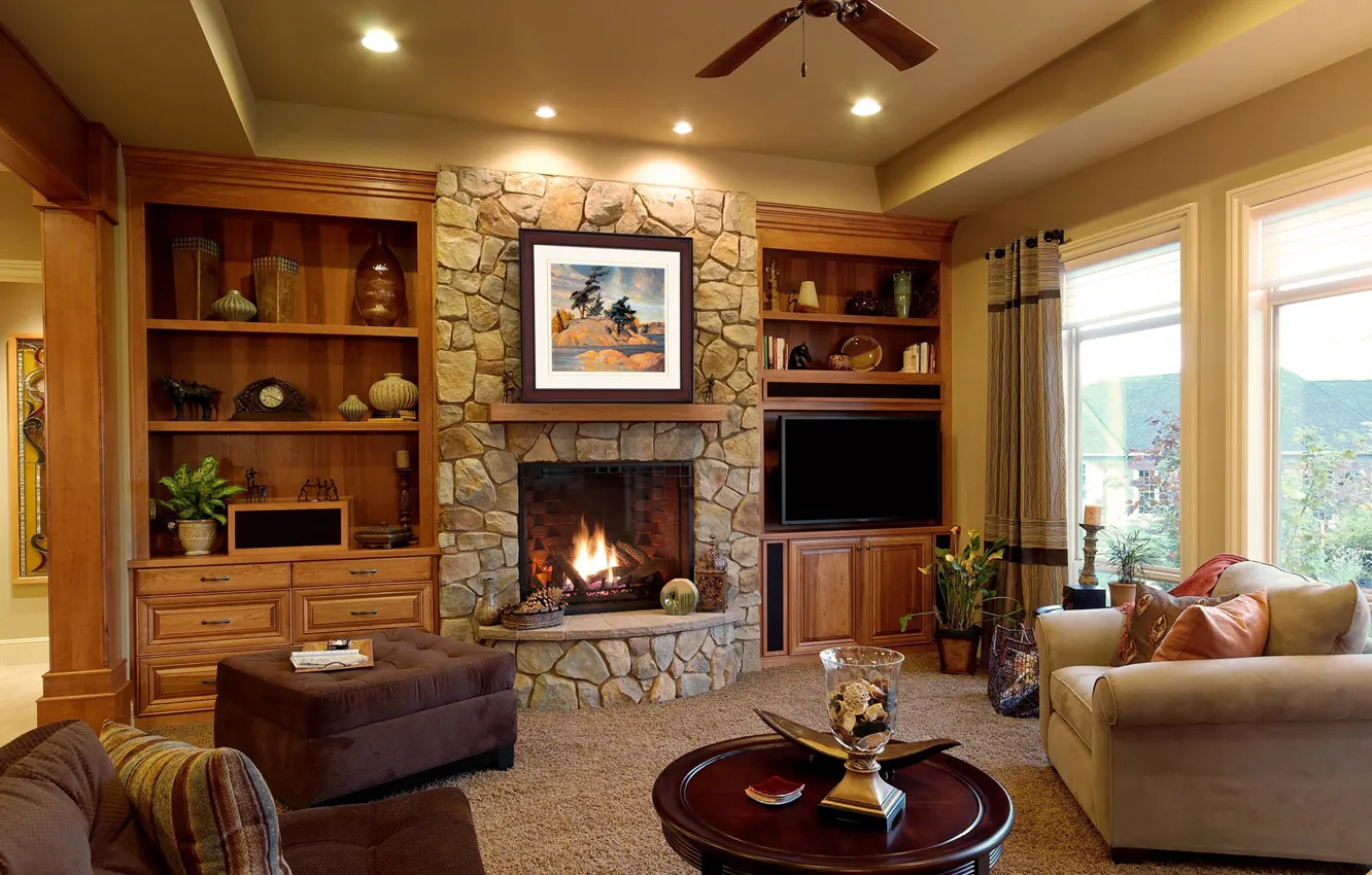 Photo wallpaper room, interior, fireplace, English style, in