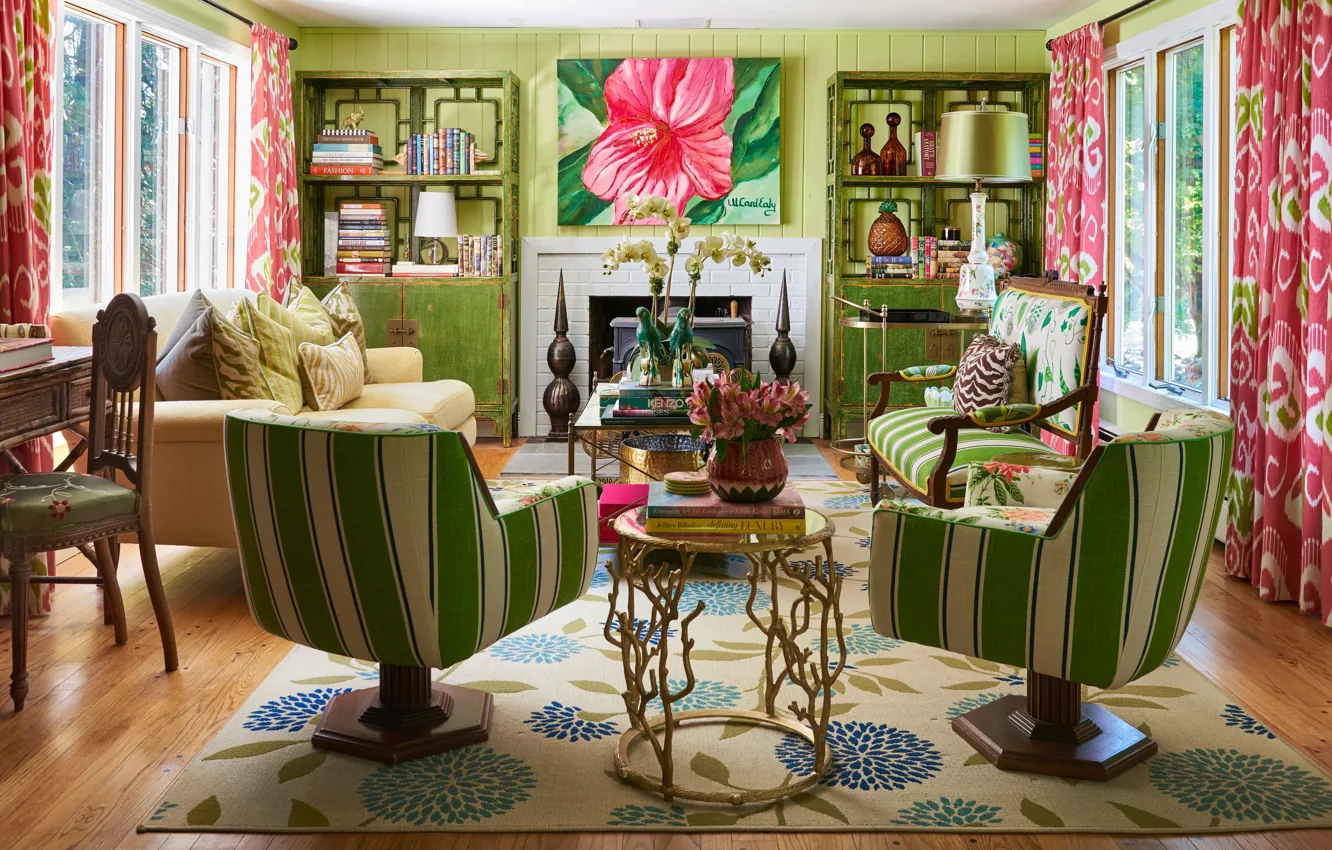 Photo wallpaper design, style, interior, fireplace, the play of colors, living room, color mood