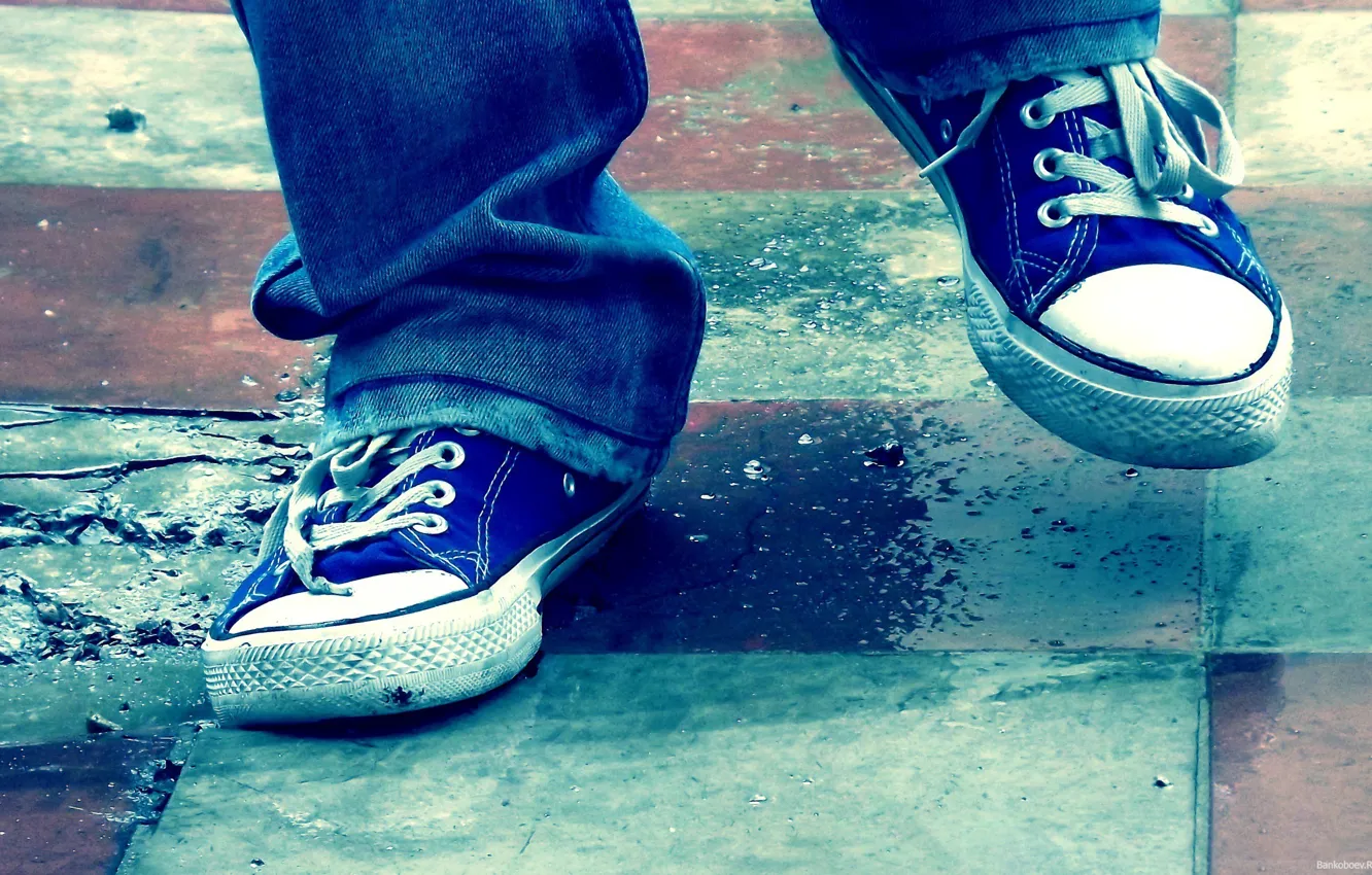 Photo wallpaper sneakers, squares, floor, laces, step, linoleum, Sole