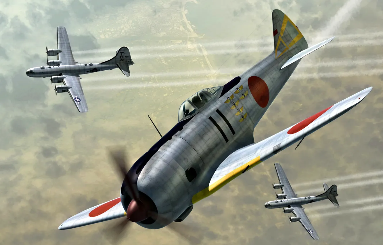 Photo wallpaper B-29 Superfortress, WWII, Nakajima That-44, Ki-44-II, USAAF, JAAF, Ki-44 Shoki