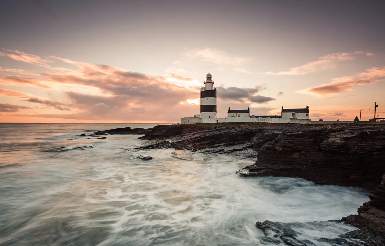 Photo wallpaper sea, clouds, rocks, lighthouse, surf