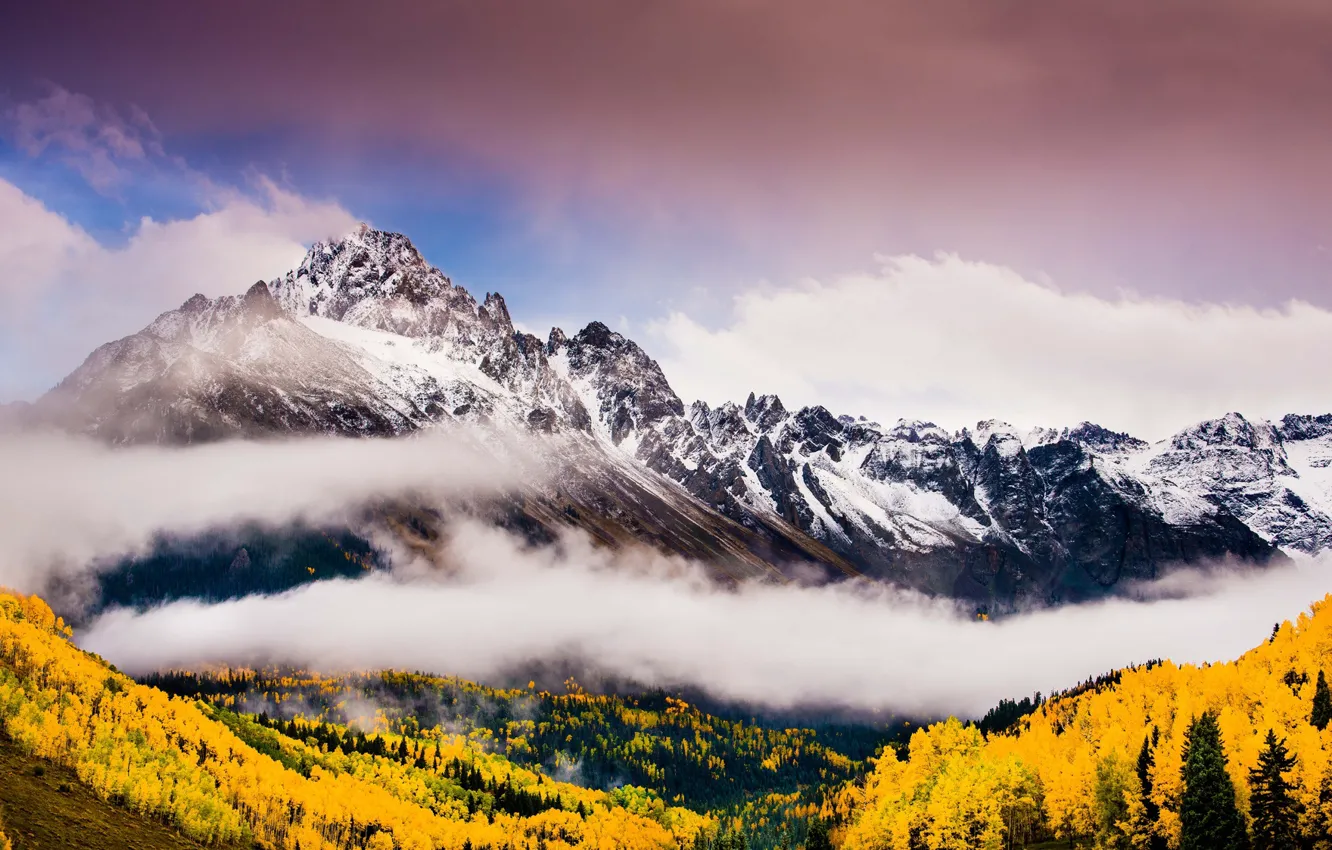 Photo wallpaper Sky, Autumn, Mountains, Fog
