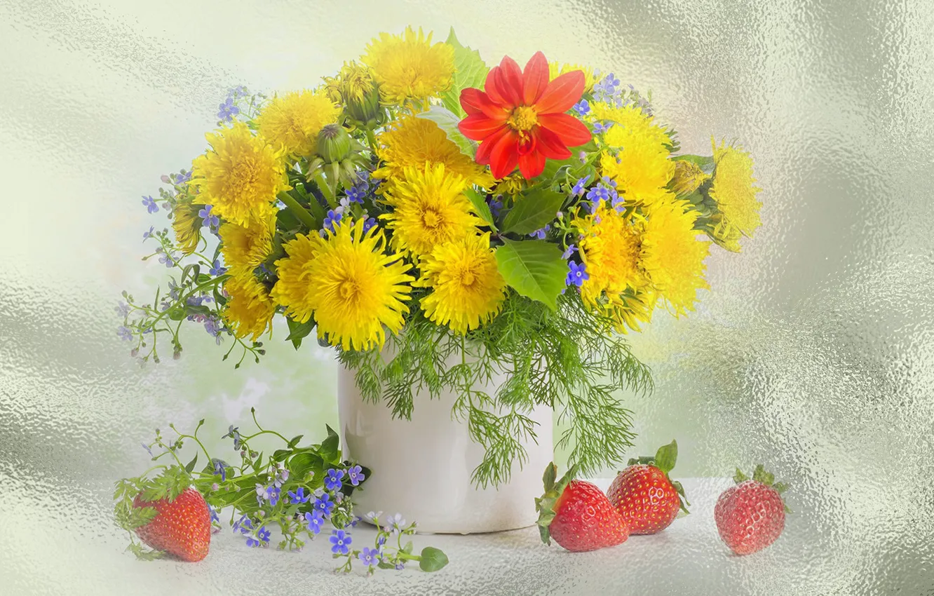 Photo wallpaper summer, flowers, spring, strawberry, still life, dandelions, the Wallpapers