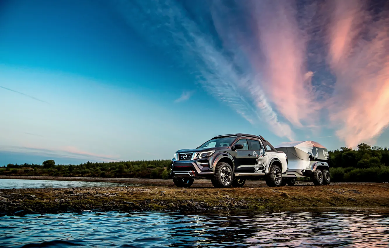 Photo wallpaper clouds, sunset, Nissan, pickup, the trailer, 2018, Navara, Dark Sky Concept