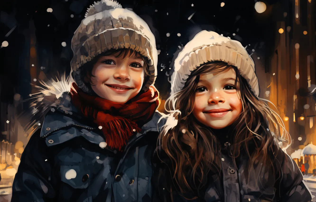Photo wallpaper joy, smile, new year, home, the evening, Christmas, girl, two
