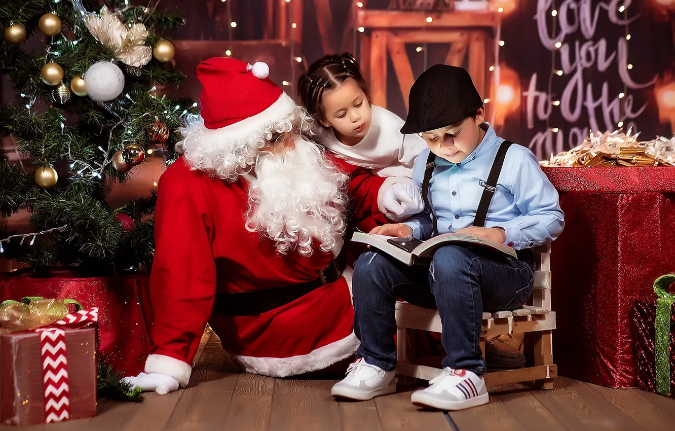 Photo wallpaper children, holiday, boy, Christmas, girl, New year, tree, Santa Claus