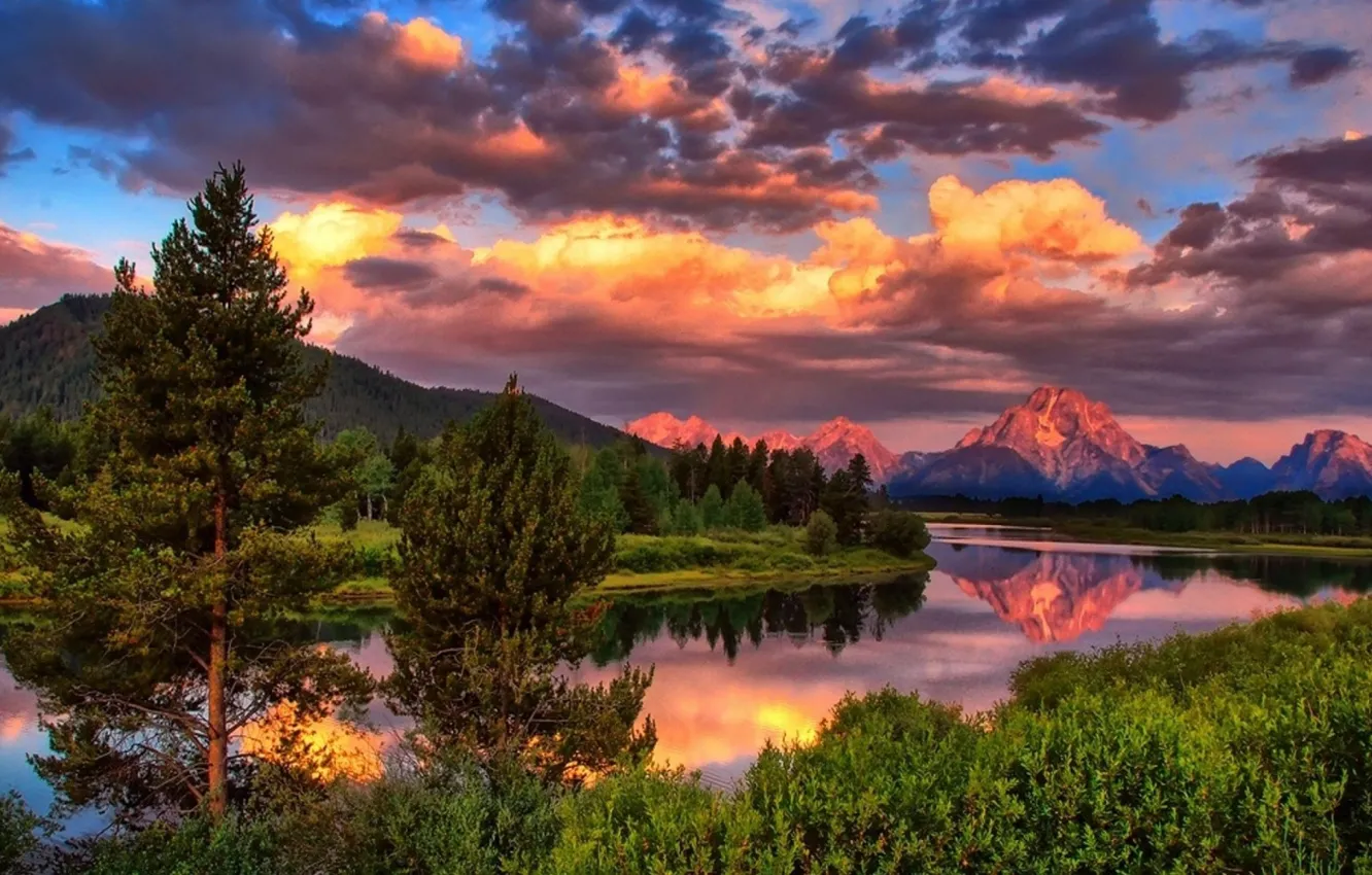 Photo wallpaper forest, summer, the sky, clouds, trees, mountains, nature, river